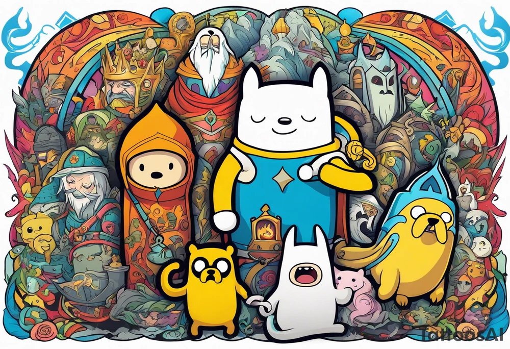 Full sleeve with adventure Time Characters, Finn, Jake, Lich King, Billy tattoo idea