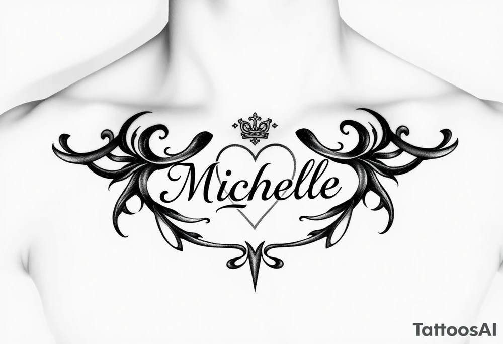 Design a tattoo for a man’s chest of a woman’s name (Michelle). Incorporate a subtle Irish Claddagh. Have the name Michelle separate to the heart. tattoo idea