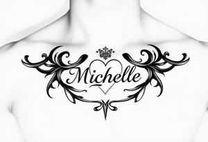 Design a tattoo for a man’s chest of a woman’s name (Michelle). Incorporate a subtle Irish Claddagh. Have the name Michelle separate to the heart. tattoo idea
