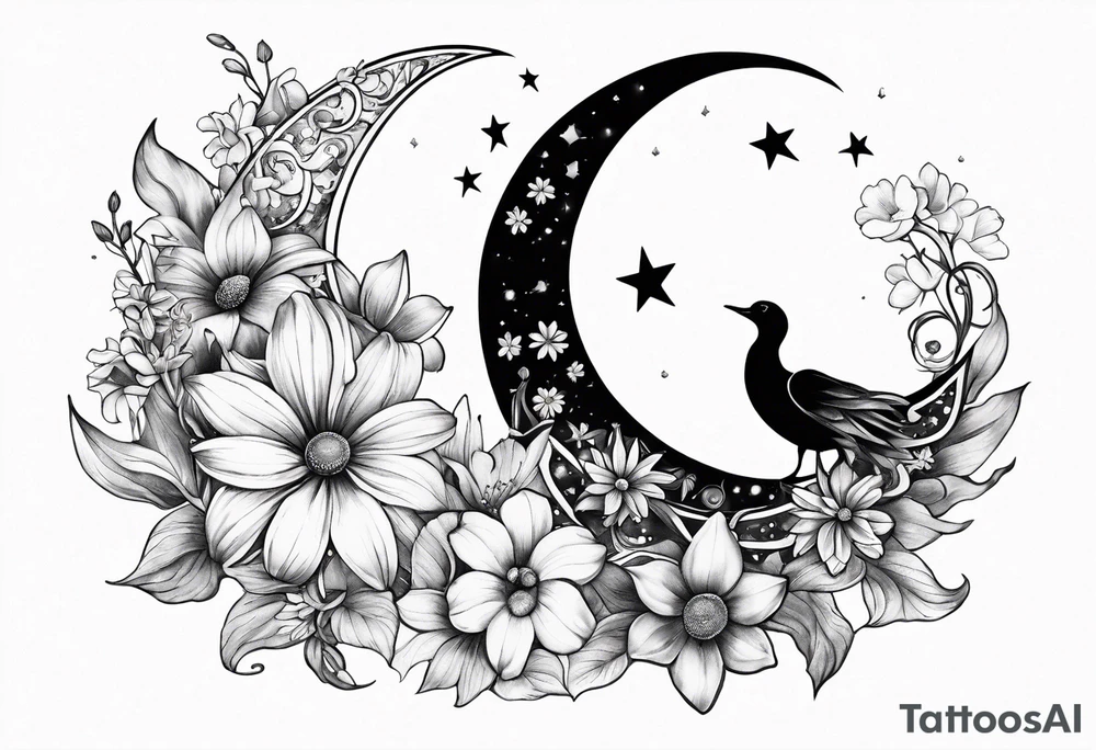 Crescent moon with daisy's, lily’s, crystals, and mushrooms tattoo idea