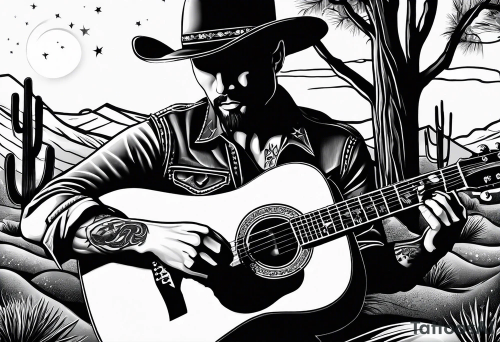 Acoustic Guitar cowboy by a campfire with a desert tattoo idea Acoustic Guitar cowboy by a campfire with a desert tattoo idea