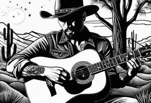 Acoustic Guitar cowboy by a campfire with a desert tattoo idea