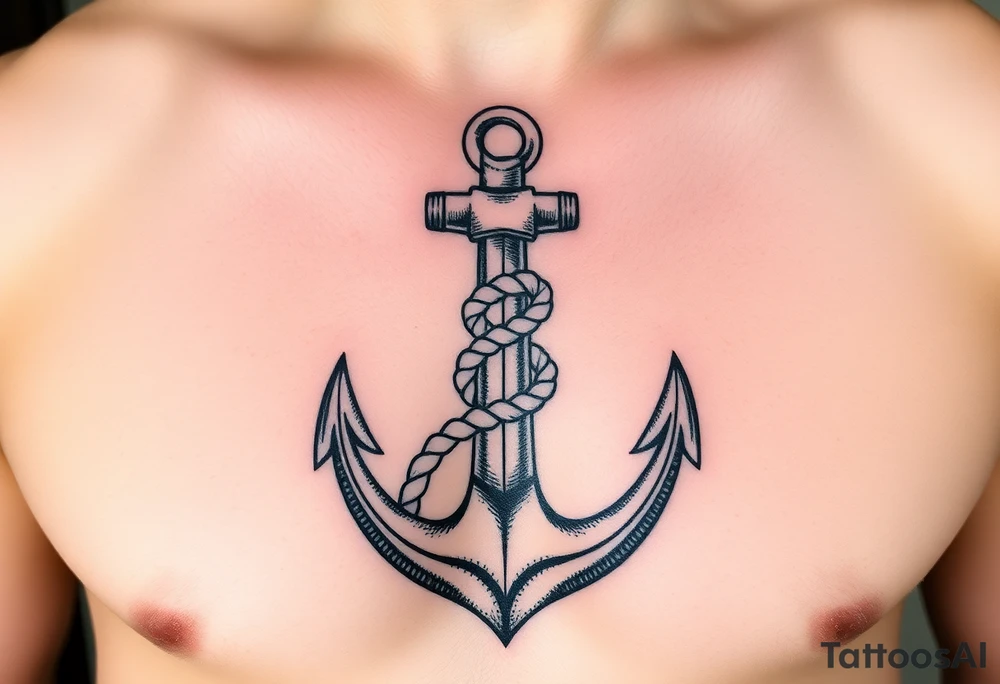 weathered anchor wrapped in nautical rope with sea waves tattoo idea