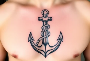 weathered anchor wrapped in nautical rope with sea waves tattoo idea