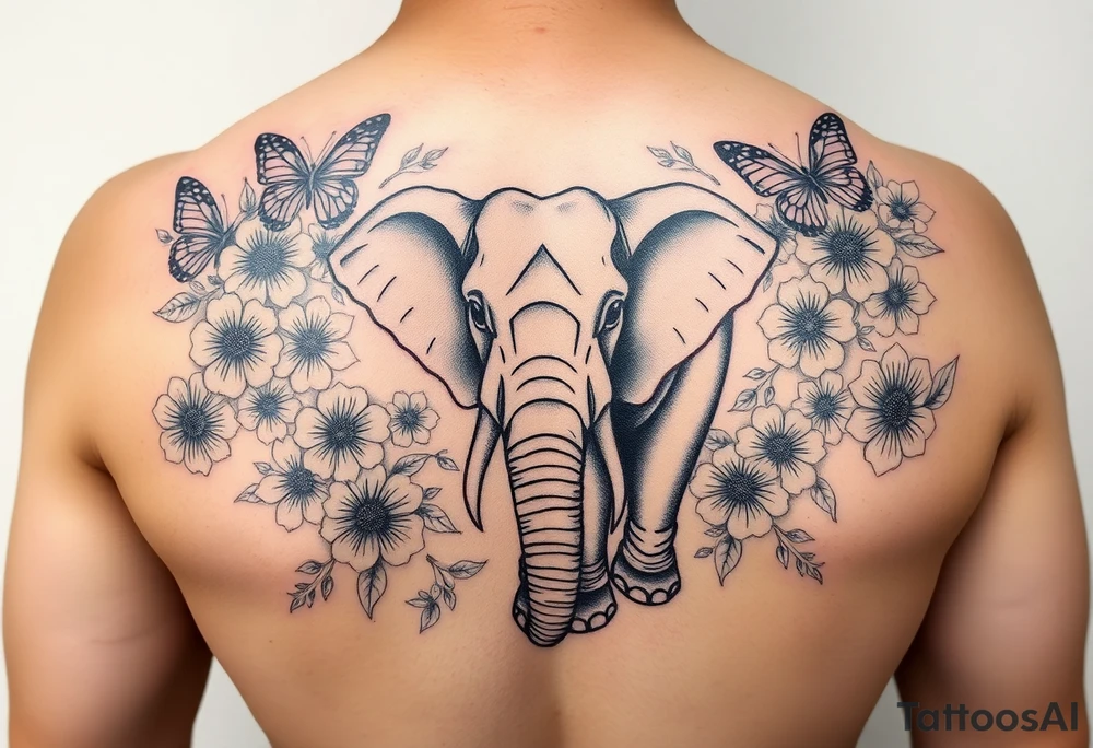 Elephant tattoo surrounded by flowers and butterflies with Chinese lettering tattoo idea