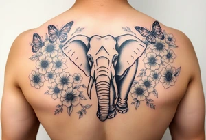 Elephant tattoo surrounded by flowers and butterflies with Chinese lettering tattoo idea