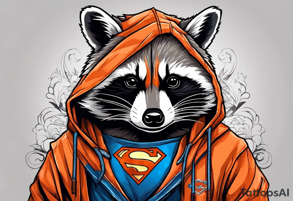 Raccoon wearing an orange Superman hoodie tattoo idea