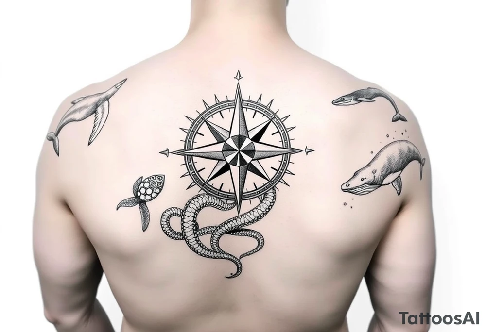 black and grey realist tattoo sleeve consisting of Compass Rose Placement: Centered on the inner forearm as a focal point.
Loggerhead Turtles: Swimming along the forearm, possibly near the wrist or upper arm.
Octopus: Wrapping its tentacles around the design, creating movement.
Whales: A large whale gliding through the upper forearm or bicep area.
Waves: Flowing throughout, acting as the background to tie everything together. tattoo idea