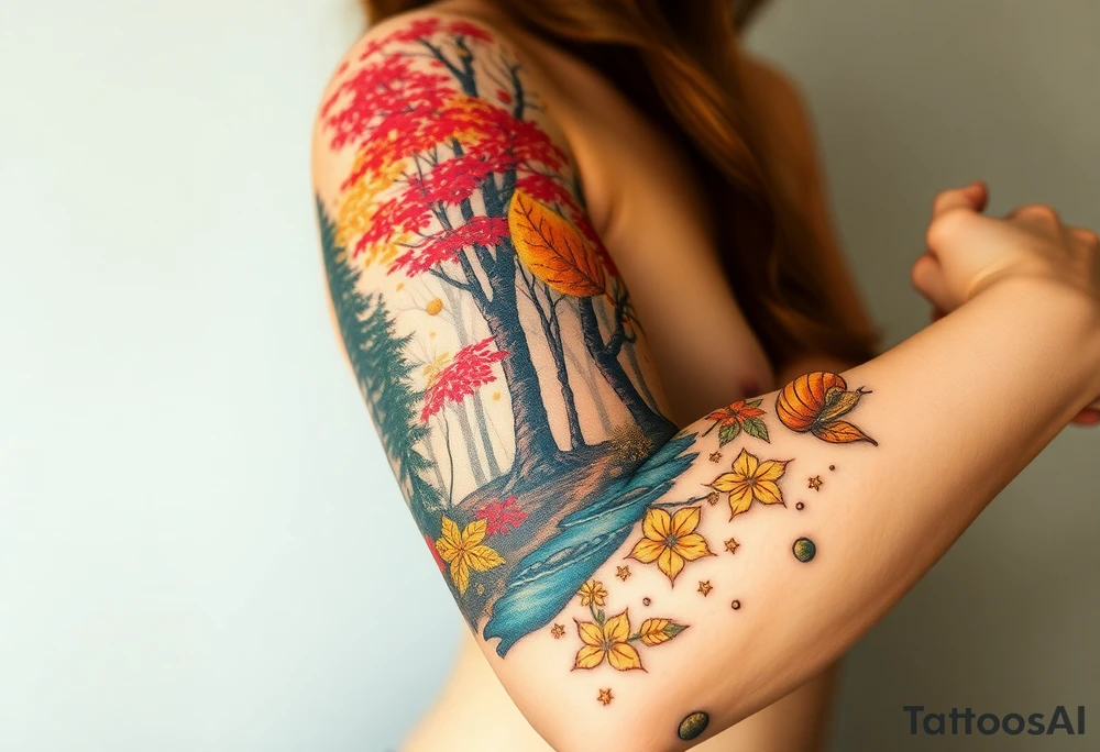 colorful fall themed womans sleeve forest, trees, falling leaves and rain, a small snail or two, a creek and some fall themed flowers as filler tattoo idea