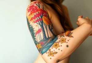 colorful fall themed womans sleeve forest, trees, falling leaves and rain, a small snail or two, a creek and some fall themed flowers as filler tattoo idea