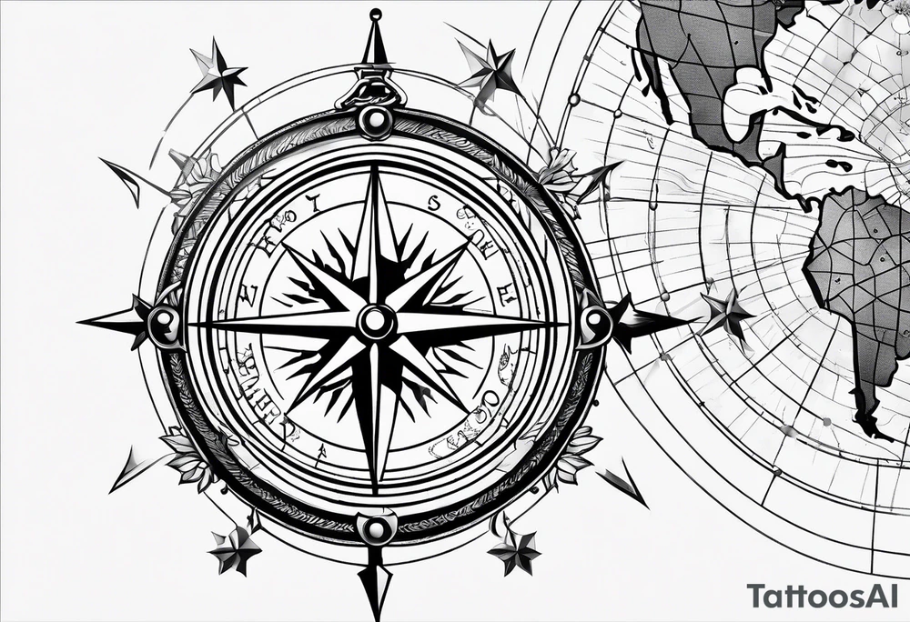 Compass rose with Europe in the background, anchor and space for a geo tag tattoo idea