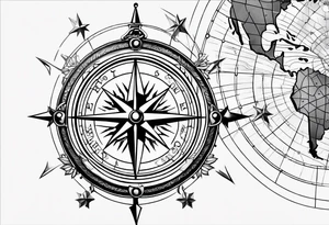 Compass rose with Europe in the background, anchor and space for a geo tag tattoo idea
