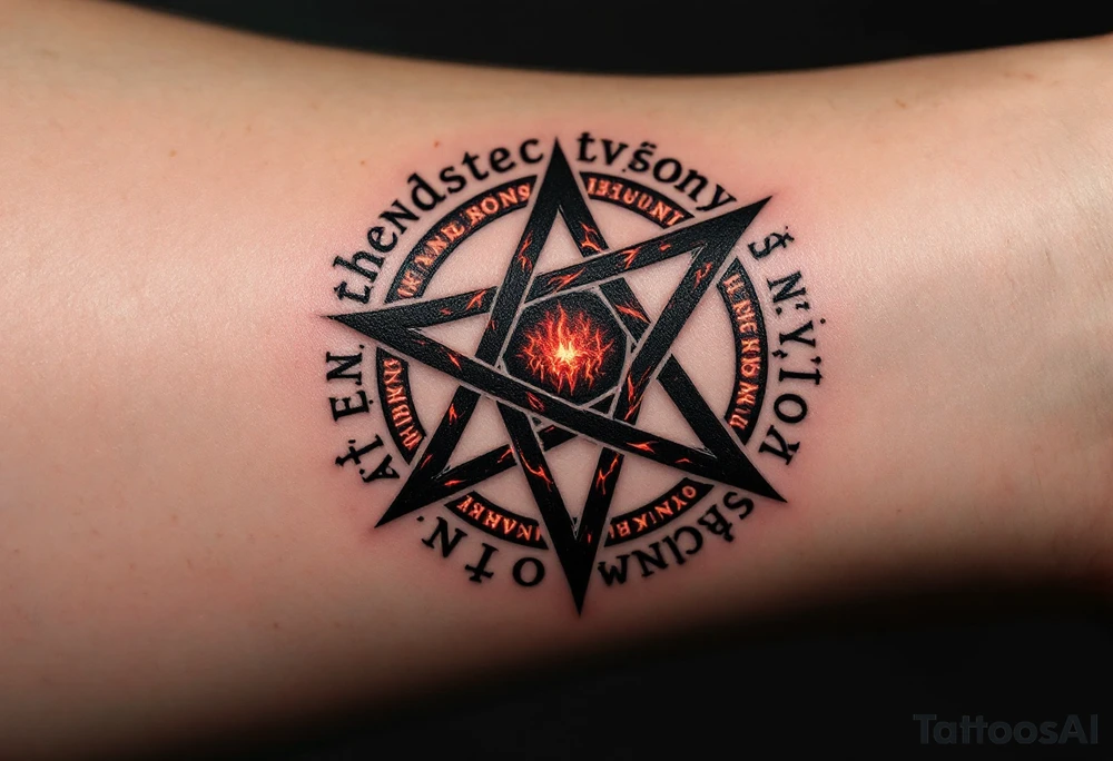 A blackened inverted pentagram with deep crimson flames, surrounded by ancient runes glowing in dark red. tattoo idea