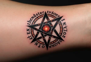 A blackened inverted pentagram with deep crimson flames, surrounded by ancient runes glowing in dark red. tattoo idea