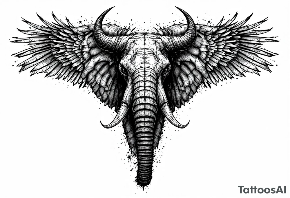 A hieroglyphic, depicting an ancient and gargantuan African elephant with horns protruding from its forehead and wings that resemble that of a falcons tattoo idea