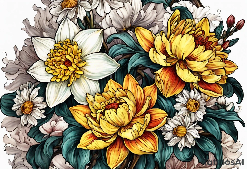 Narcissus and chrysanthemum intertwined tattoo idea