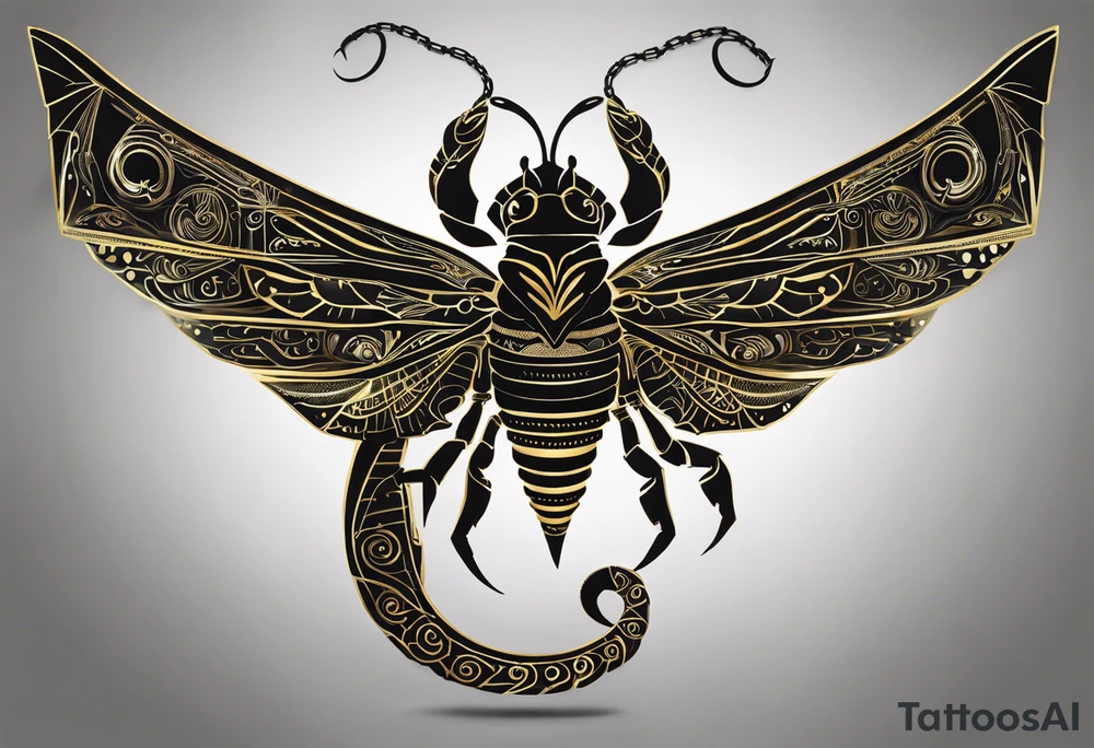 Winged scorpion with mystical details, such as glowing eyes and a tail that spirals, ending in a luminous stinger. Its body would have intricate patterns inspired by the Scorpio constellation, with a subtle glow that suggests power and mystery.

The creature could be accompanied by black-tinted bracelets encircling the arm. These bracelets could be designed with geometric lines or ancient symbols, creating a visual harmony between the creature and the bracelets, representing protection and connection with cosmic forces. The tattoo as a whole would evoke strength, mystery, and the intense essence of Scorpio. tattoo idea