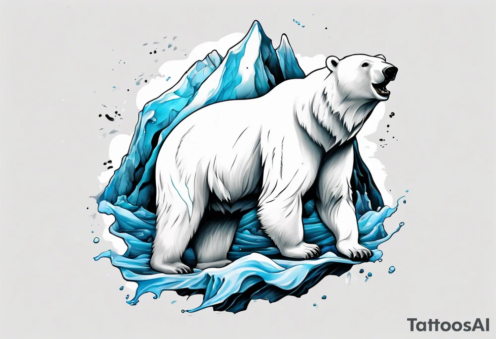 arm tattoo of polar bear and ice berg and relevant nature make colors primary black and white with a little blue tattoo idea