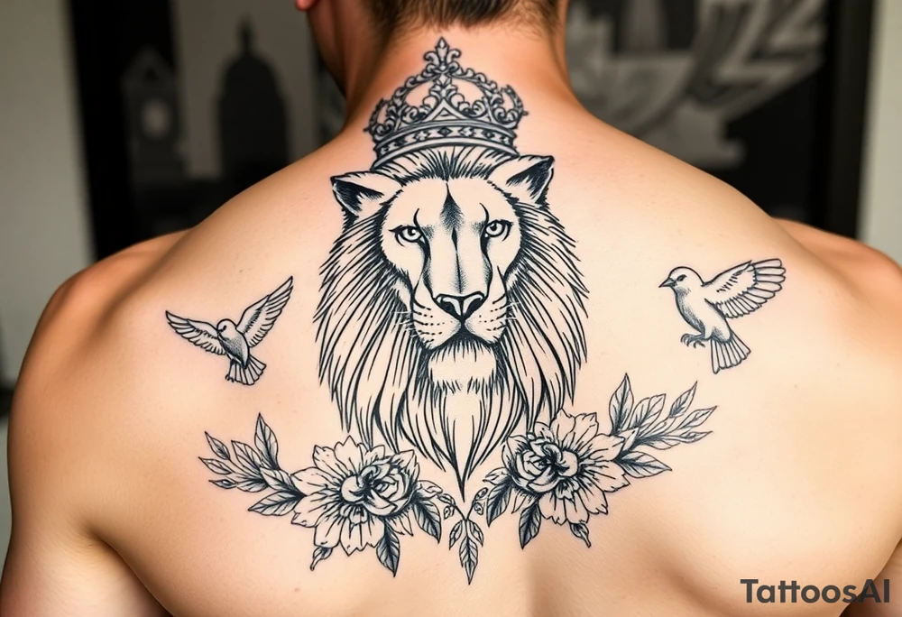 powerful majestic lion with a crown, surrounded by floral ornaments and birds tattoo idea