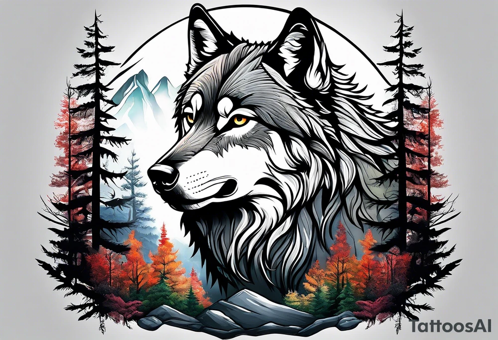 wolf mountain forest tattoo idea