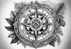 arm sleeve tattoo with Viking compass and all-seeing eye surrounded by jungle plants tattoo idea