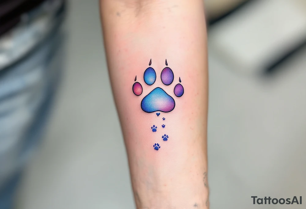 A heart-shaped paw with a subtle gradient of light blues and purples, with tiny paw prints trailing off, representing love’s constant journey and loyalty. tattoo idea
