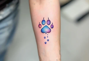 A heart-shaped paw with a subtle gradient of light blues and purples, with tiny paw prints trailing off, representing love’s constant journey and loyalty. tattoo idea