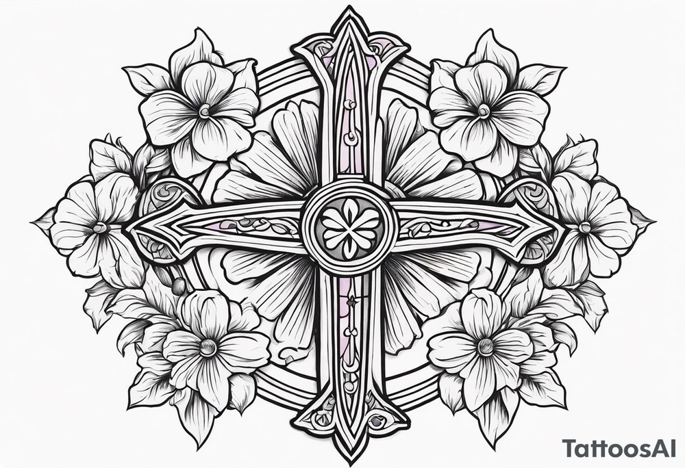 plain cross surrounded 
 with flowers and twisted around cross
 colorful tattoo idea