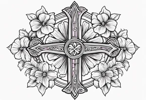 plain cross surrounded 
 with flowers and twisted around cross
 colorful tattoo idea