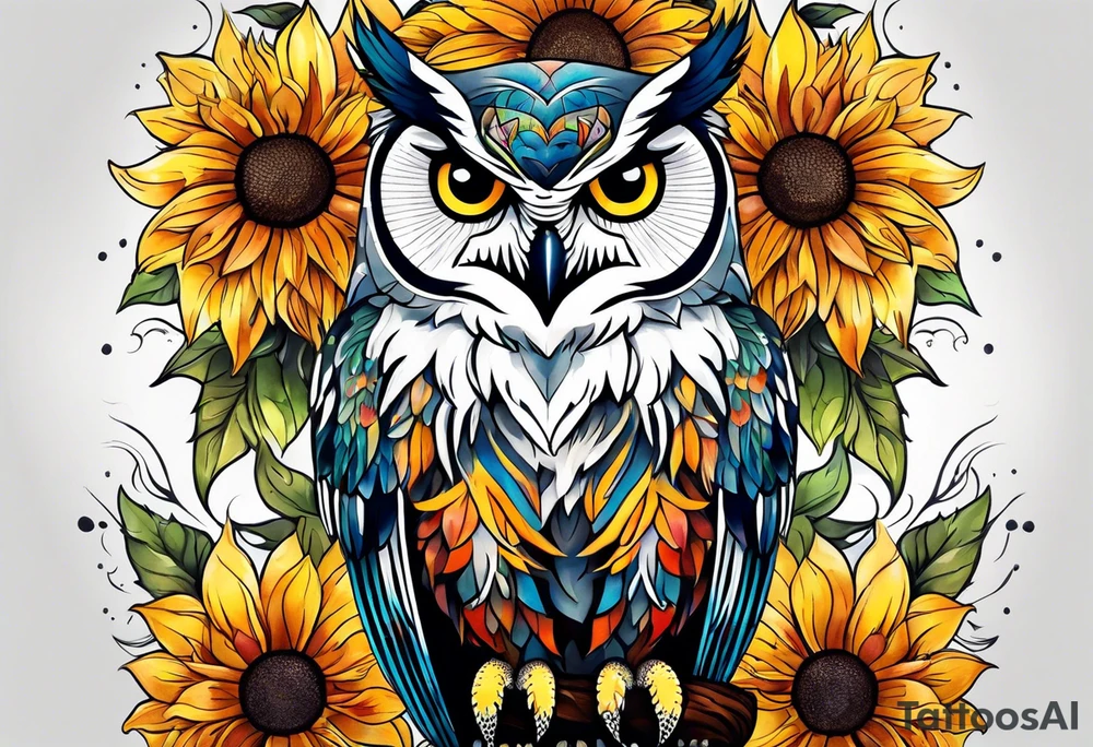 Leg sleeve with colorful sunflowers and an owl tattoo idea