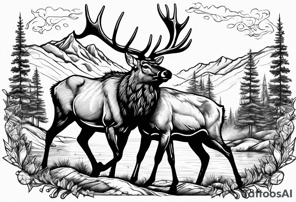 two elk fighting with mountains and stream in background tattoo idea two elk fighting with mountains and stream in background tattoo idea
