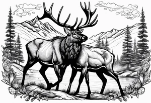 two elk fighting with mountains and stream in background tattoo idea