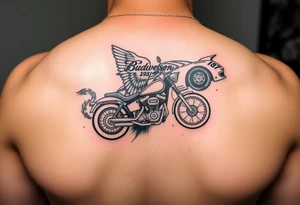 Dale Earnhardt car on it with the year 1958 - 2021 intertwined with a motorcycle with a Budweiser logo on it with a guardian angel wolf tattoo idea