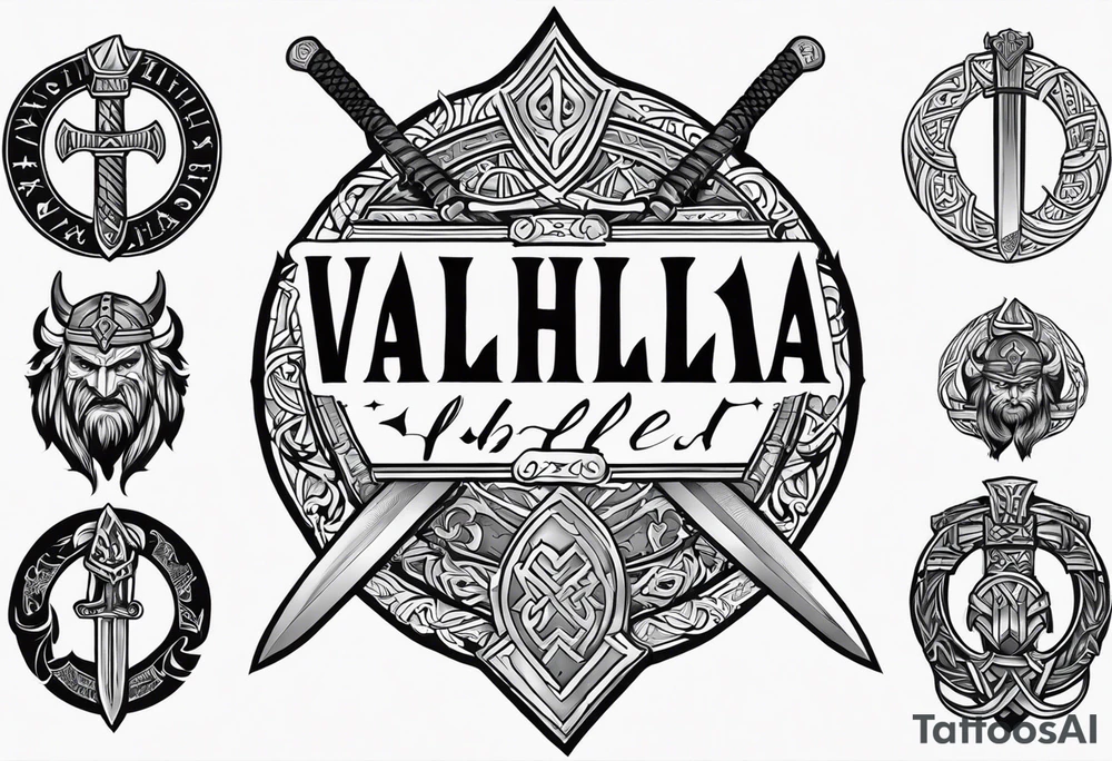 Valhalla viking gods shield hatchet sword tattoo idea
