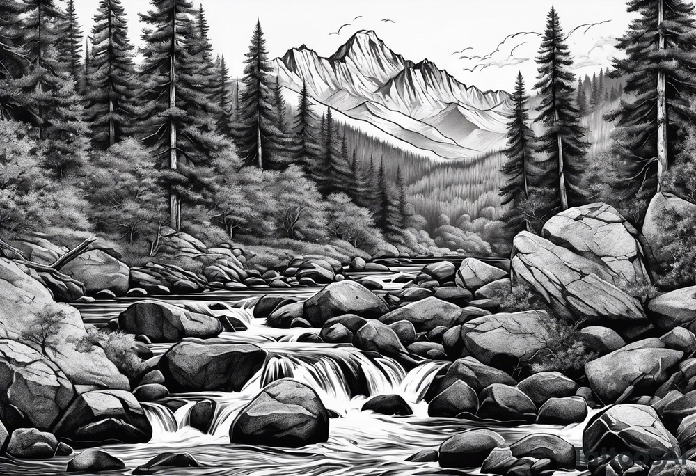 forrest 
river running through rocks and mountains 
open
realistic
less trees tattoo idea