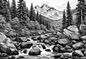forrest 
river running through rocks and mountains 
open
realistic
less trees tattoo idea