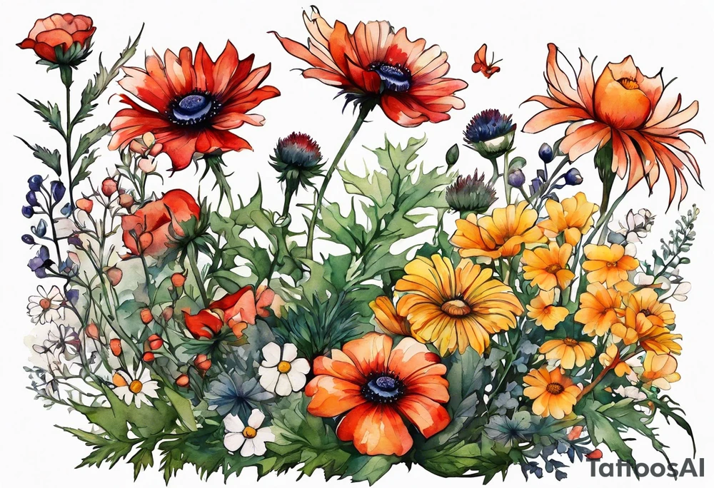 simple wildflowers cascading with thistles, ferns, white anemones, sun flowers, red flowers, black flowers, buttercups, orange flowers, babys breath and daisies all in watercolor tattoo idea