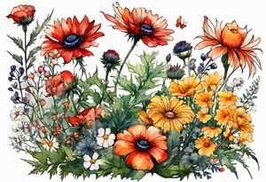 simple wildflowers cascading with thistles, ferns, white anemones, sun flowers, red flowers, black flowers, buttercups, orange flowers, babys breath and daisies all in watercolor tattoo idea