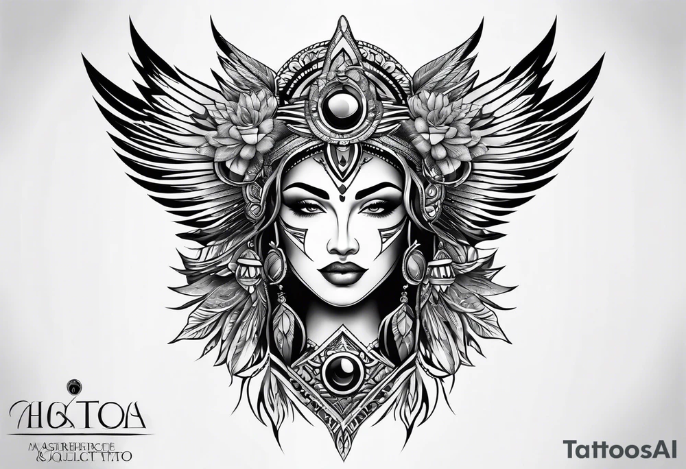 Thigh tattoo of a Powerful women face, motherhood, thunderbird, medical, psychology tattoo idea