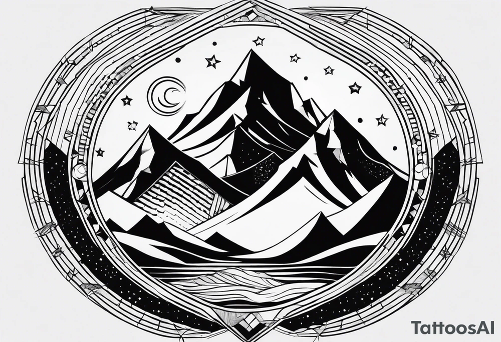 Mountain Massif, one Peak, only peak surrounded woth semi circle dashed Line, in semi circle two littel fine Stars, waves overlapping in Side, Open geometrical Forms Like Diamond with Open lines tattoo idea