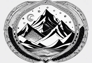 Mountain Massif, one Peak, only peak surrounded woth semi circle dashed Line, in semi circle two littel fine Stars, waves overlapping in Side, Open geometrical Forms Like Diamond with Open lines tattoo idea