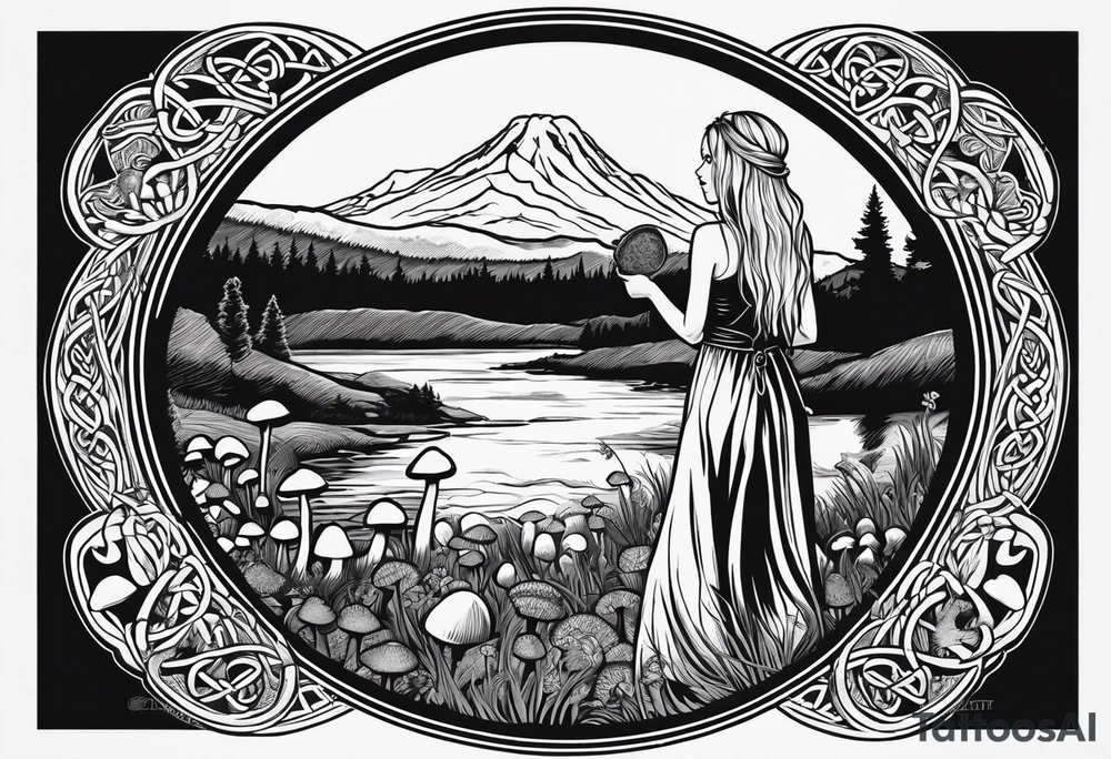 Whole picture encircled fully

Straight long blonde hair hippie girl in distance holding mushrooms in hand facing away toward mountains and creek surrounded by mushrooms long sleeve shirt and hiking pants; whole rendering within a full celtic circle, no cut off circle tattoo idea