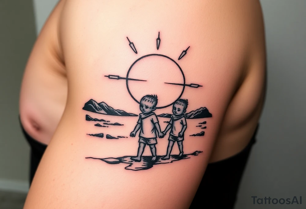 Sun set three walking child tattoo idea