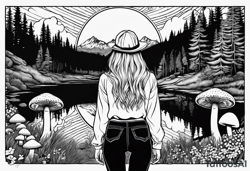 Whole picture encircled fully

Straight long blonde hair hippie girl in distance holding mushrooms in hand facing away toward mountains and creek surrounded by mushrooms long sleeve shirt and hiking pants; whole rendering within a full circle, no cut off circle tattoo idea