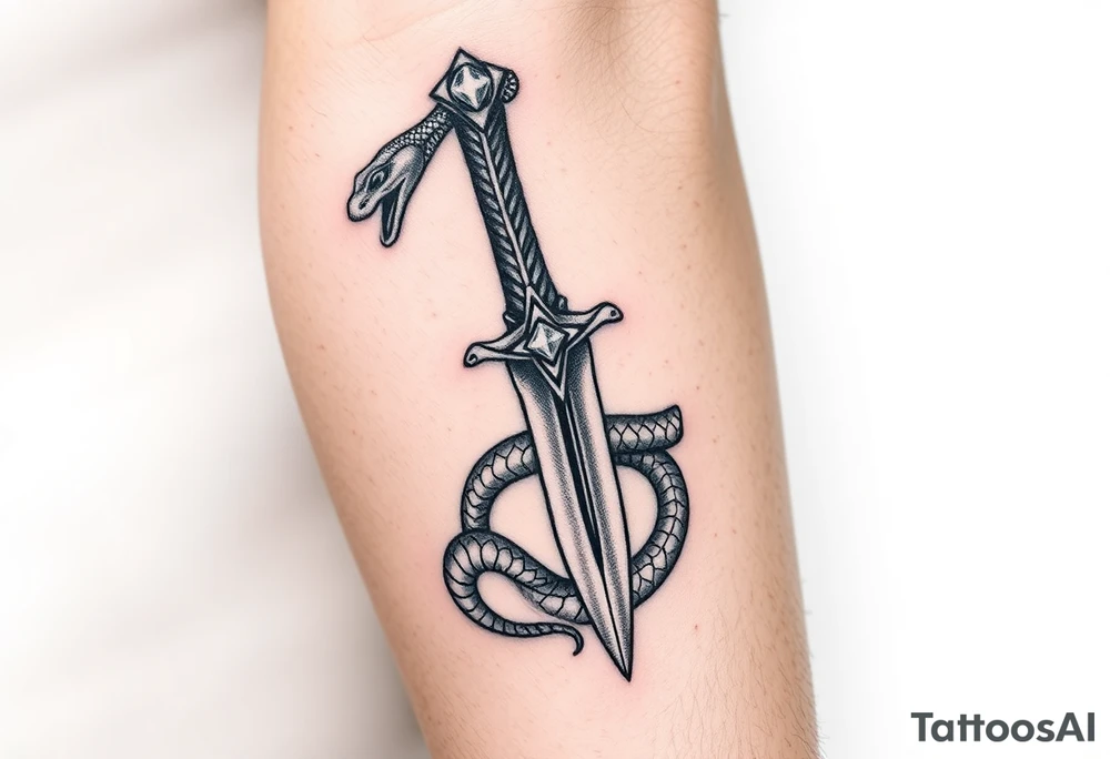 mystical snake coiled around an ancient dagger with jeweled hilt tattoo idea