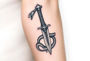 mystical snake coiled around an ancient dagger with jeweled hilt tattoo idea
