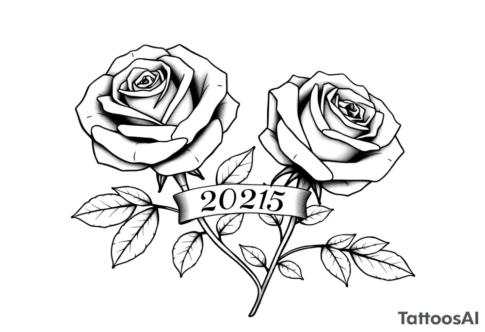 two beautiful large rose buds, one larger than the other, with many leaves next to the rose buds, with one sitting higher than the other. Include a banner connecting the two roses with the year "2025" on it.   Use dark outlines with little shading. The two stems should be short, not long, and connect and join into one stem, whimsically curved or twisted - not straight down. tattoo idea