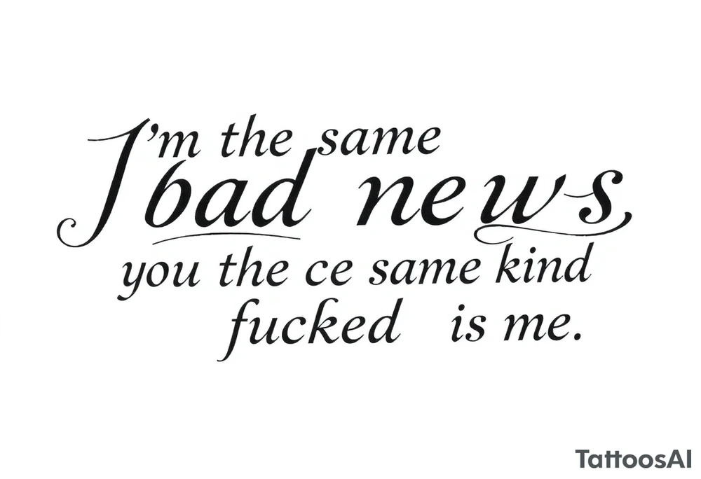Chicano blackletter script tattoo, elegant cursive with thick and thin strokes, dramatic flourishes on 'f' and 'y'. Text: 'I’m the same bad news as you, / you’re the same kind of fucked as me.' High contrast, black ink on white background, no shading, no color tattoo idea