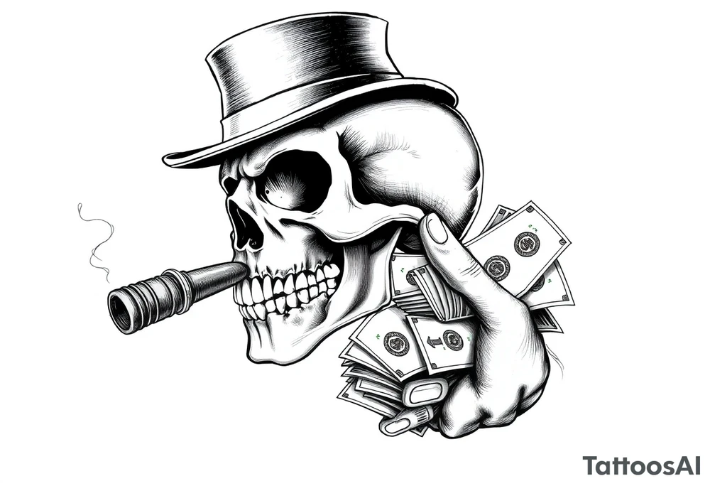 skull with mustache,a big cigar in his mouth,a top-hat on his head and alot of money in a hand. tattoo idea