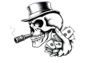 skull with mustache,a big cigar in his mouth,a top-hat on his head and alot of money in a hand. tattoo idea